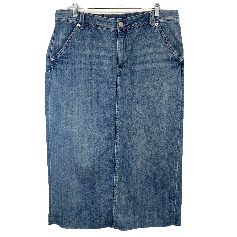 Divided H&M Denim Jean Skirt Midi Fray Hem Sz 12 Blue Western Boho Casual Work